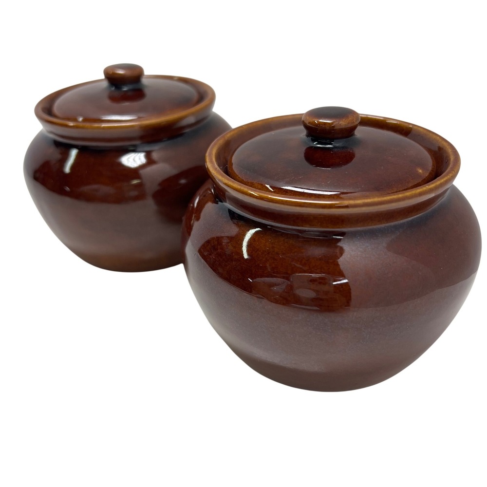 Vintage Brown Glazed Stoneware Bean Pots Set of 2 Ceramic Crocks with Lids 4in